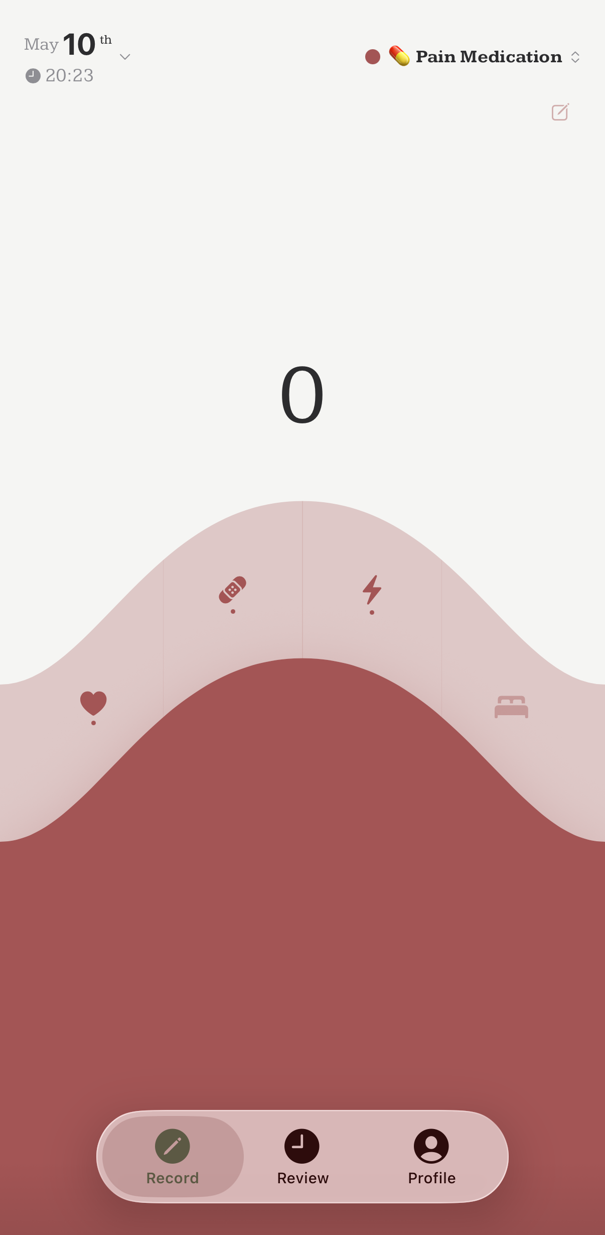 Tally It Down recording screen — the daily logging entry point for mood, pain, energy, and custom tags
