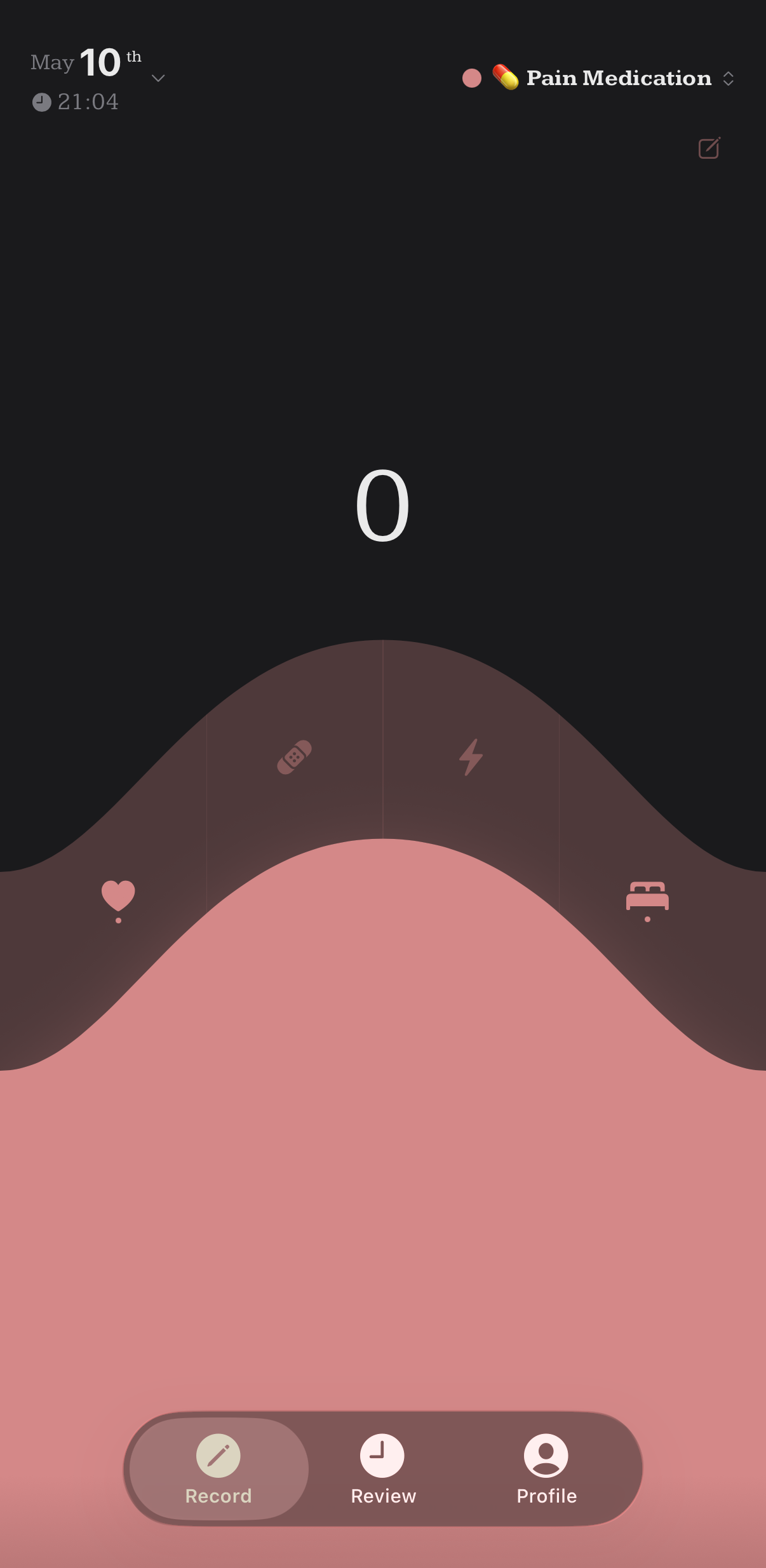 Tally It Down recording screen — the daily logging entry point for mood, pain, energy, and custom tags
